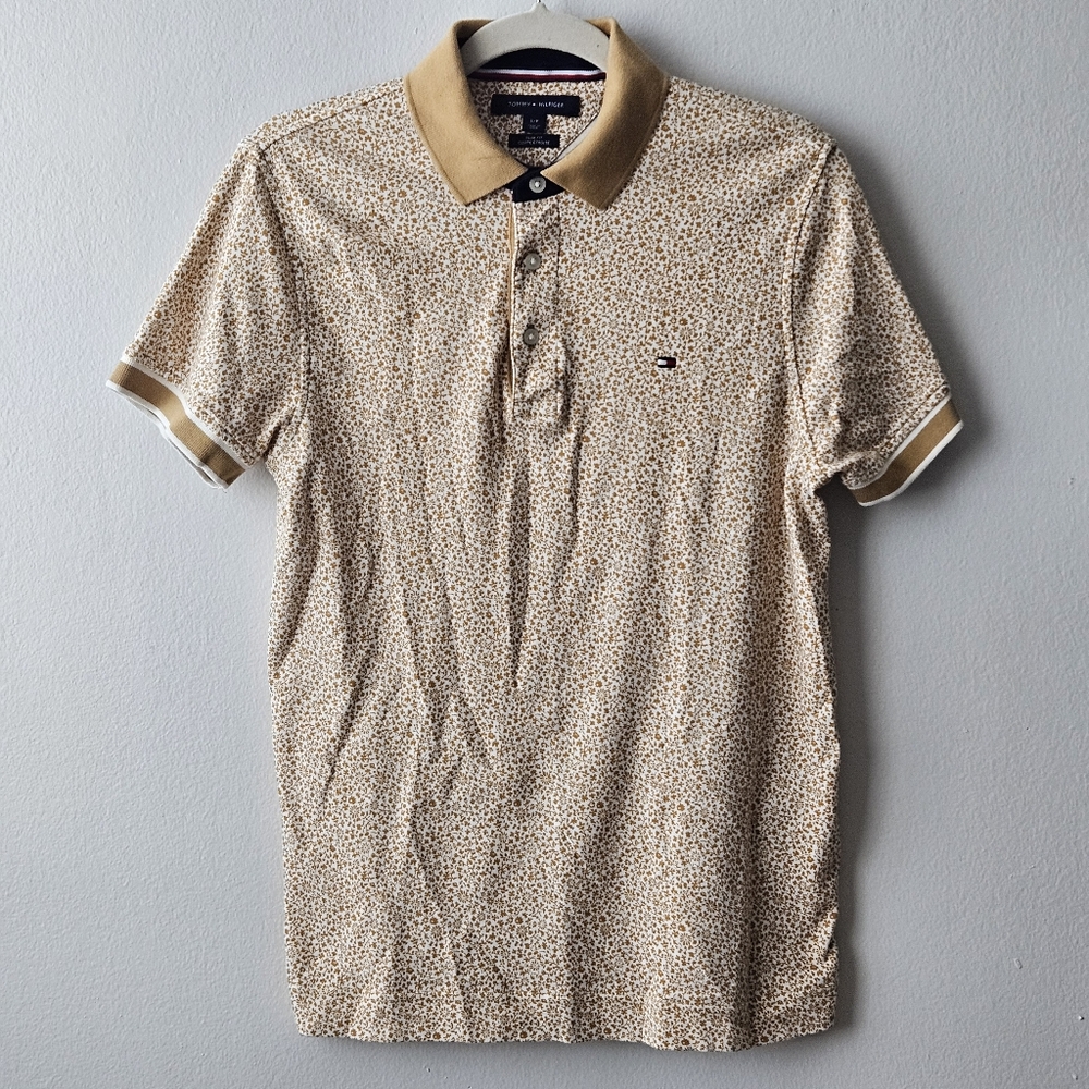 Tommy Hilfiger Slim Fit Polo Shirt S Floral Print 100% Cotton Khaki Beige Top